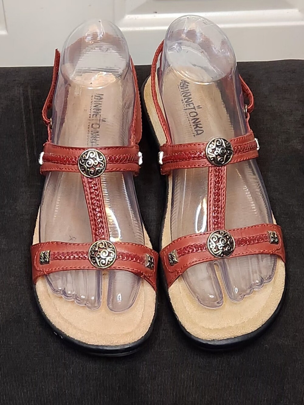 Minnetonka Red Leather T-Strap Sandals with Decorative Medallions Size 7W
